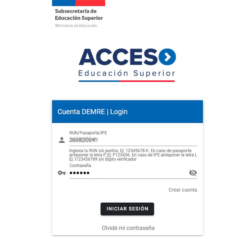 Página de acceso a la postulación de Universidades para el Acceso a la Universidad en Chile