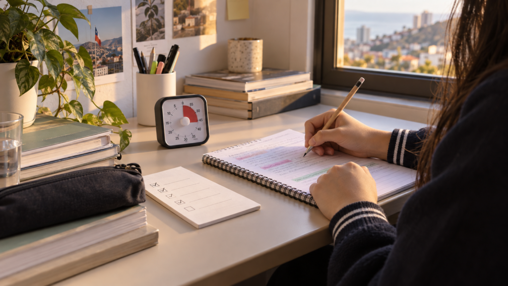 Estudiante organizando una sesión breve de estudio para la PAES