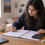 Estudiante practicando Matemática con cuaderno y calculadora para la PAES