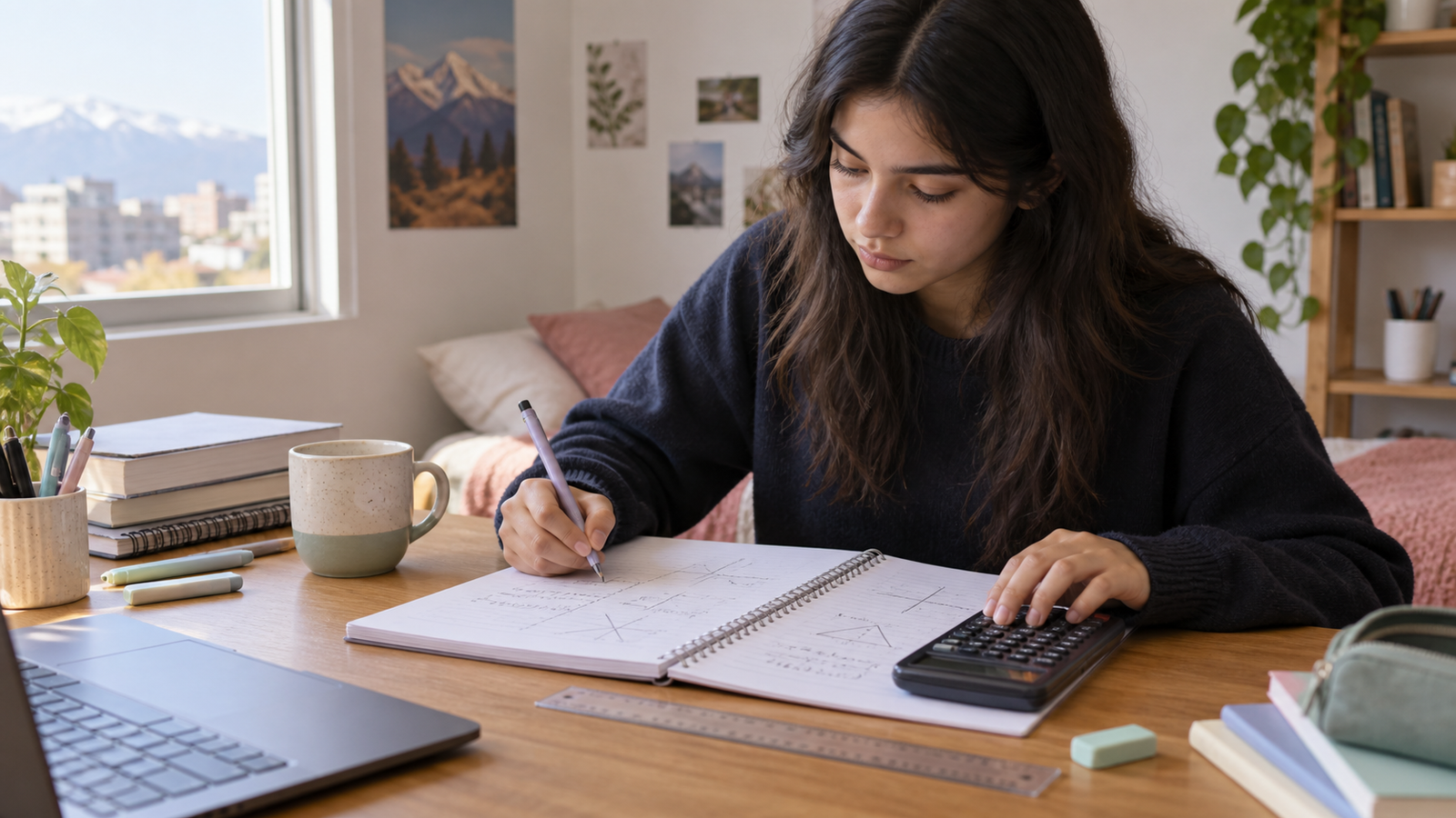 Estudiante practicando Matemática con cuaderno y calculadora para la PAES