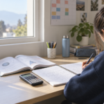 Estudiante preparando la PAES con cuaderno de Matemática, libro de Ciencias y calculadora
