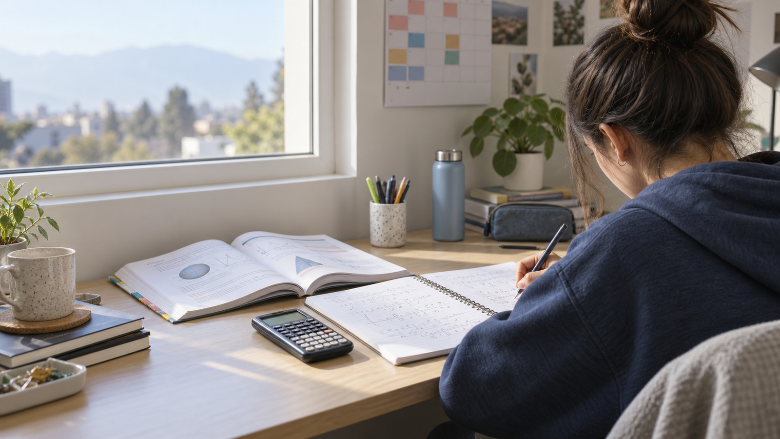 Estudiante preparando la PAES con cuaderno de Matemática, libro de Ciencias y calculadora