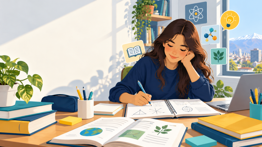 Estudiante preparando el temario PAES 2027 con libros y cuadernos de estudio