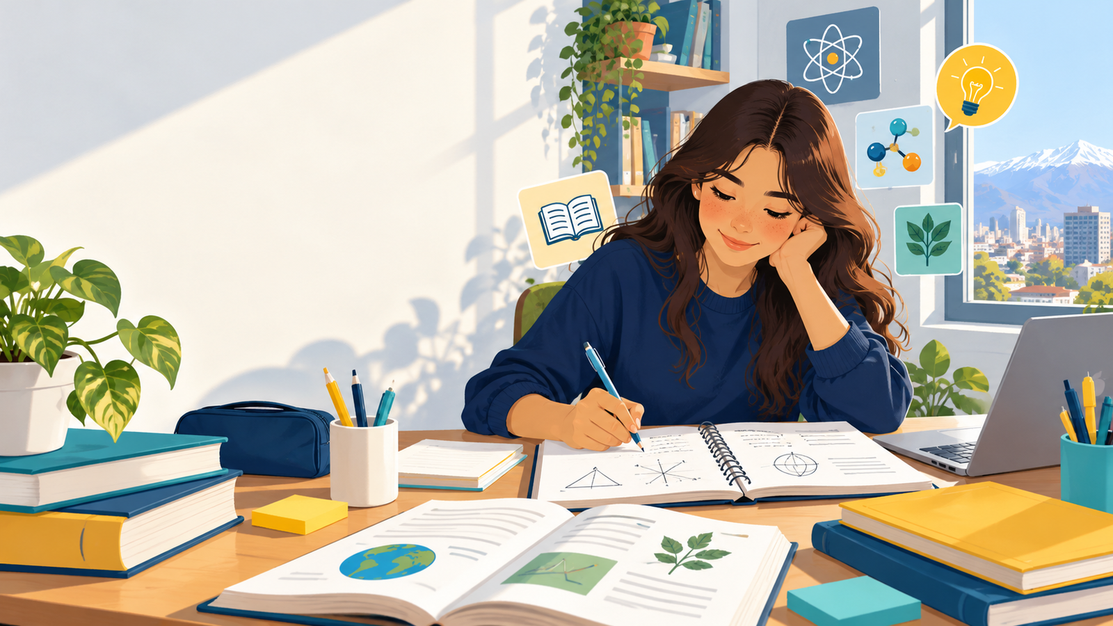 Estudiante preparando el temario PAES 2027 con libros y cuadernos de estudio